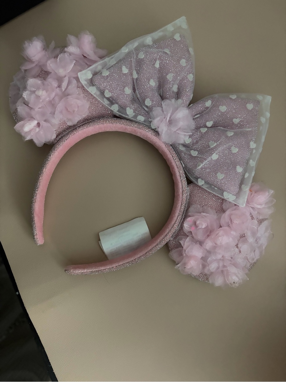 Disney Parks Pink Sparkle Minnie Mouse Ears Headband with Floral & Hearts Bow - Picture 9 of 12